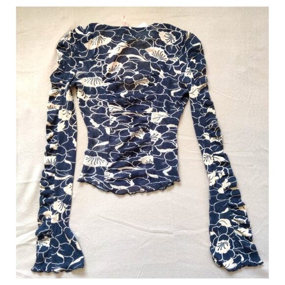 Free People Through the Meadow Floral Top Black XS Ruched Mesh Y2K Whimsigoth - Picture 3 of 8